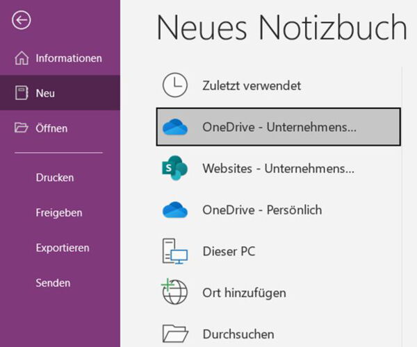 Screenshot von OneNote: Neues Notizbuch anlegen